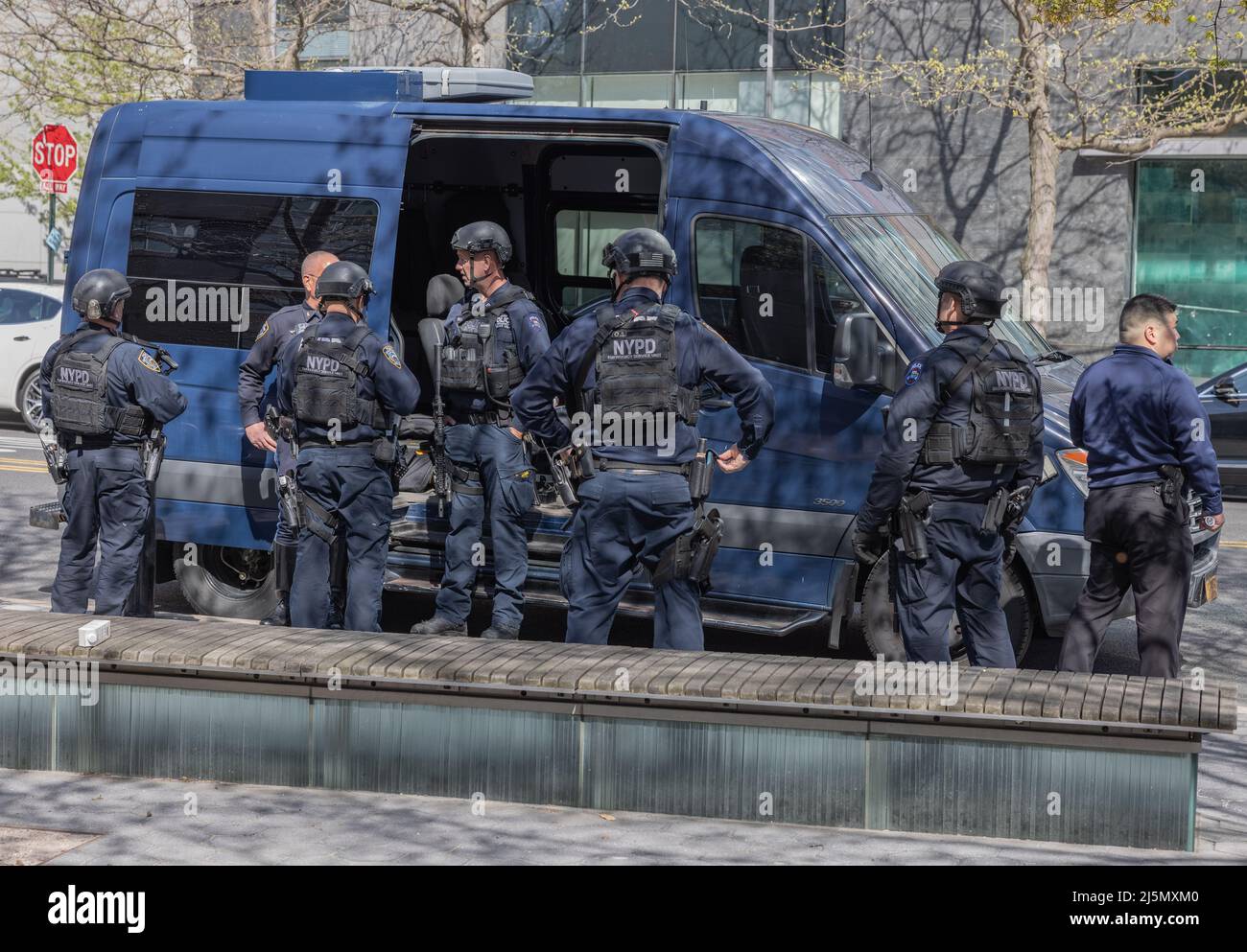 NEW YORK, N.Y. – April 24, 2022: Officers from the New York City Police Department’s Emergency Service Unit are seen in Lower Manhattan. Stock Photo