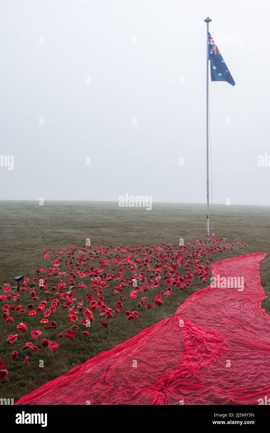 Melbourne, Australia. 25th April 2022. A field of handmade red poppy flowers placed at Lilydale Memorial Park to commemorate Anzac Day. Credit: Jay Kogler/Alamy Live News Stock Photo