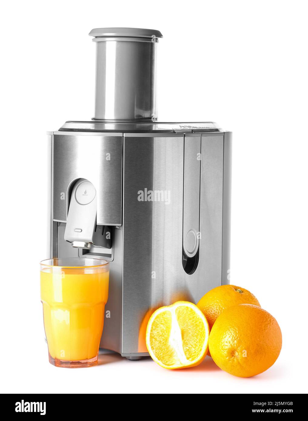 Modern juicer with fresh fruits on white background Stock Photo - Alamy