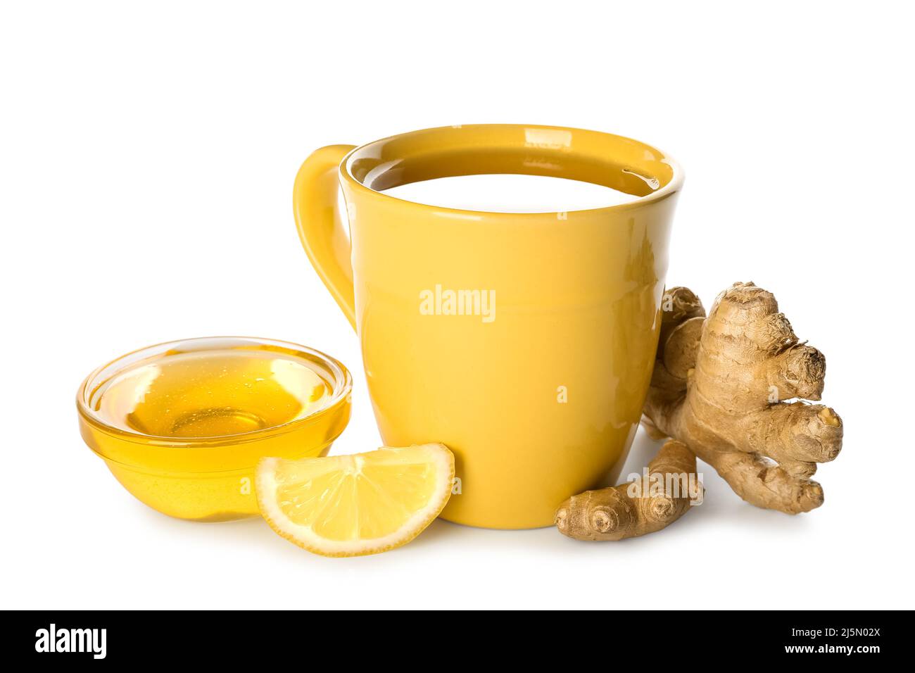 Cup of tea for sore throat, ginger, lemon slice and honey on white
