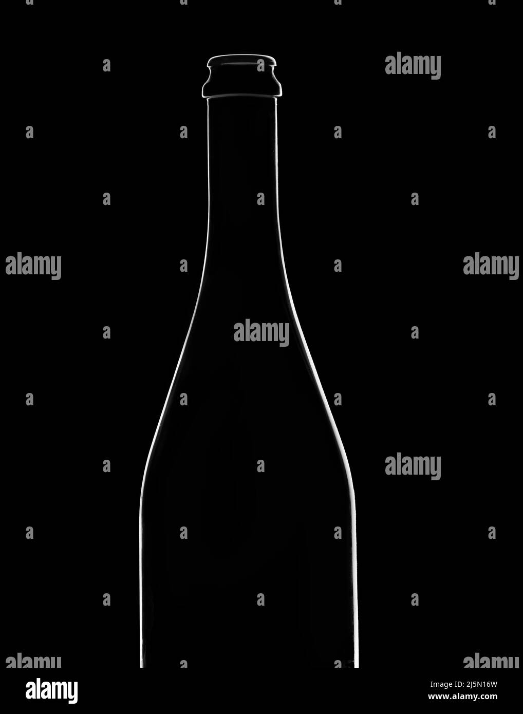 Champagne glass bottle silhouette, isolated black background. Stock Photo