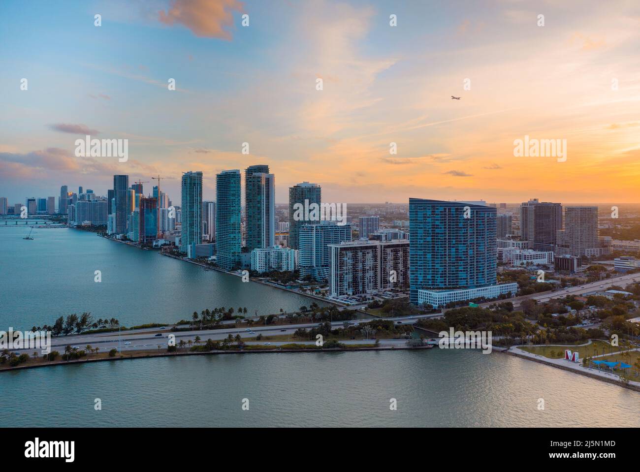 Beautiful sunset over Miami city center Stock Photo
