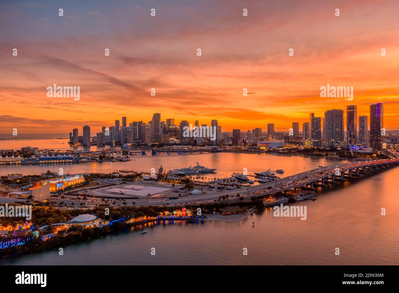 Amazing sunset over Downtown Miami in Florida Stock Photo