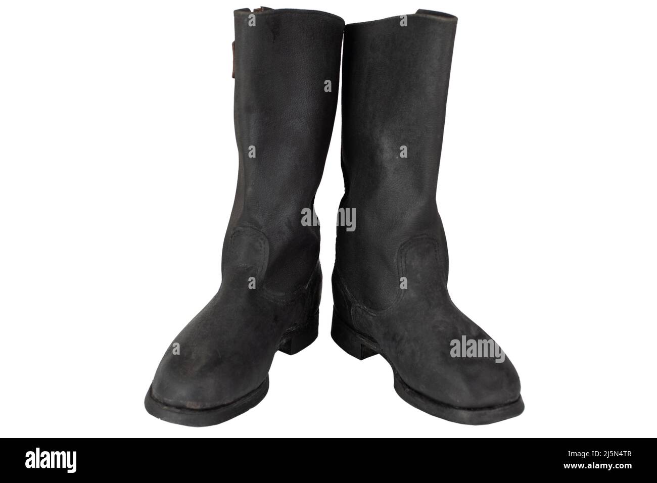 Kirza boots. Boots made from artificial leather. Archaic ?ombat boots and part of service dress uniform in Russia and Soviet Union Army for soldiers. Stock Photo