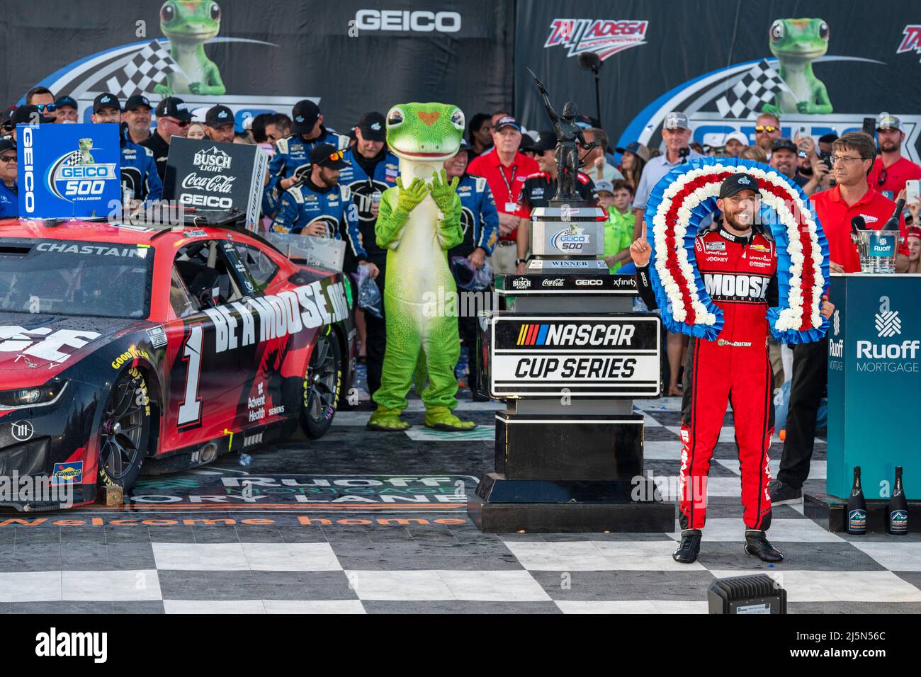 Lincoln, AL, USA. 24th Apr, 2022. Ross Chastain wins the GEICO 500 at Talladega Superspeedway in Lincoln, AL