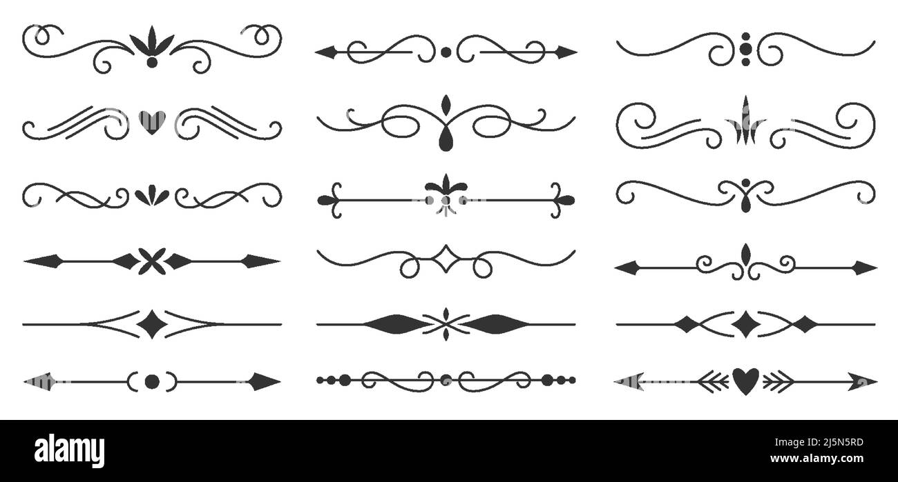 Divider border vintage separator black silhouette set. Ornamental curl
