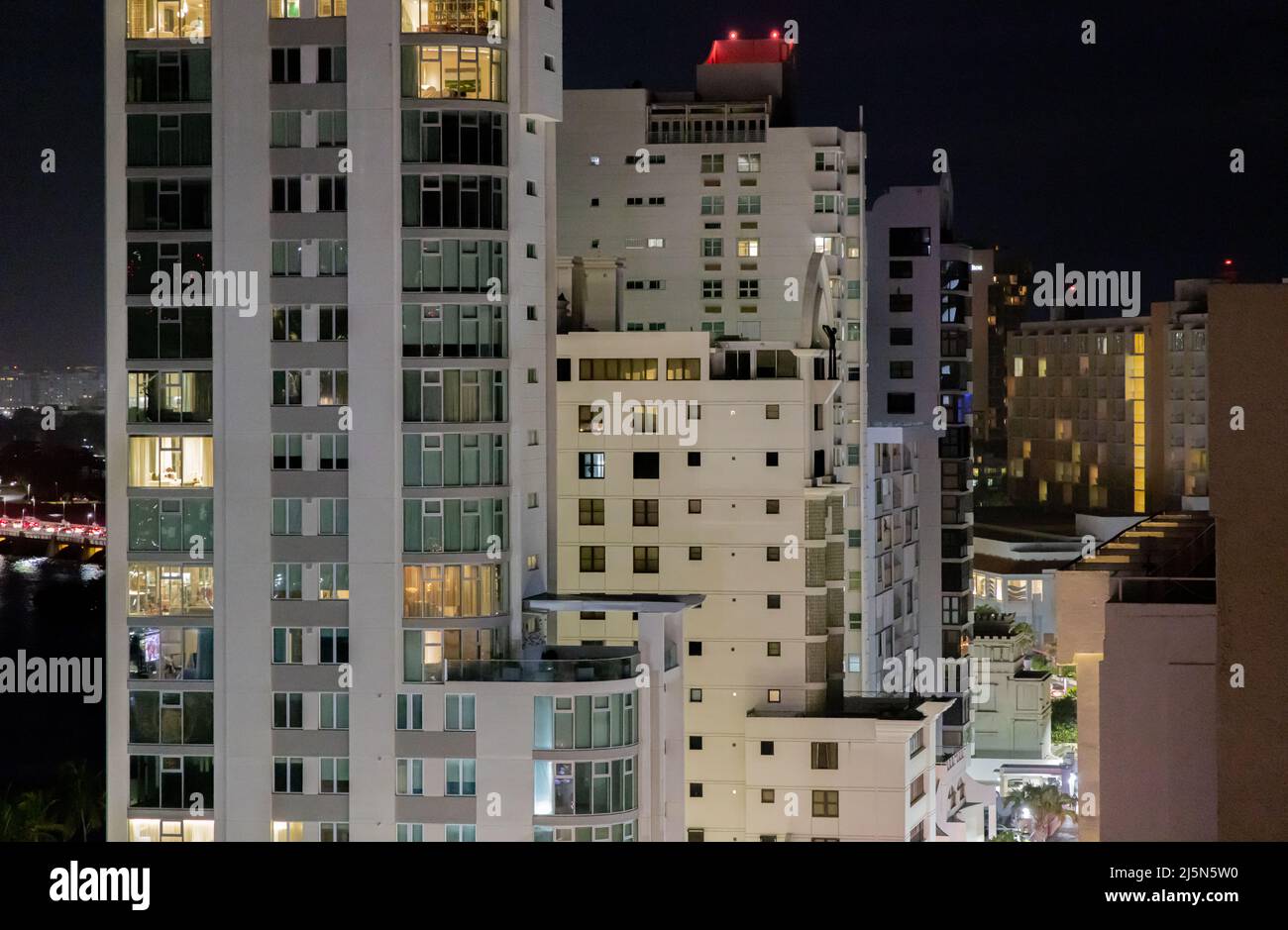 Group of buildings in Condado at night Stock Photo
