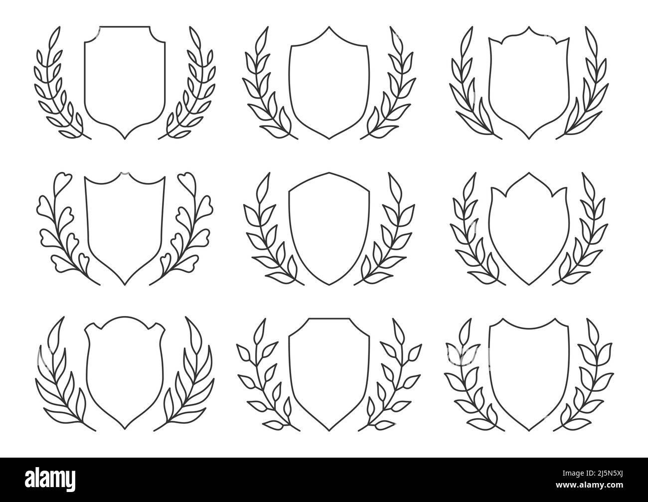 Shield wreath heraldic banner logo black line set. Thin line blank template protect guarantee insignia. Signage inscription award ancient greek leaf. Military royal coat arms medieval armor isolated Stock Vector
