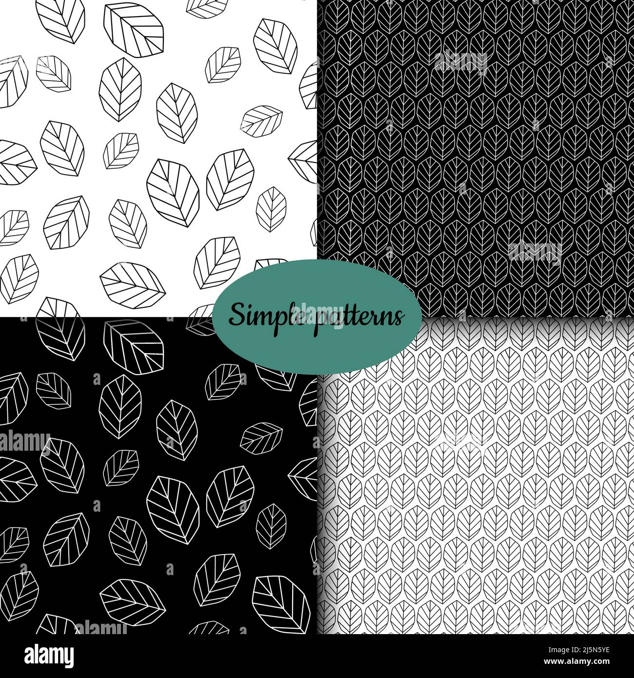 Four simple seamless patterns of black and white leaves set. Monochrome single leaf design that repeats. Botanical stylish background for fabric, postcards, notebook and scrapbook. Vector illustration Stock Vector