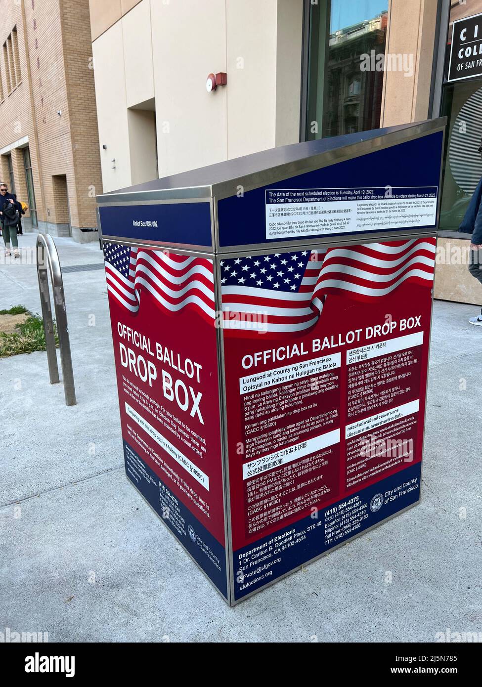 An official ballot drop box is seen in front of 808 Kearny Street and