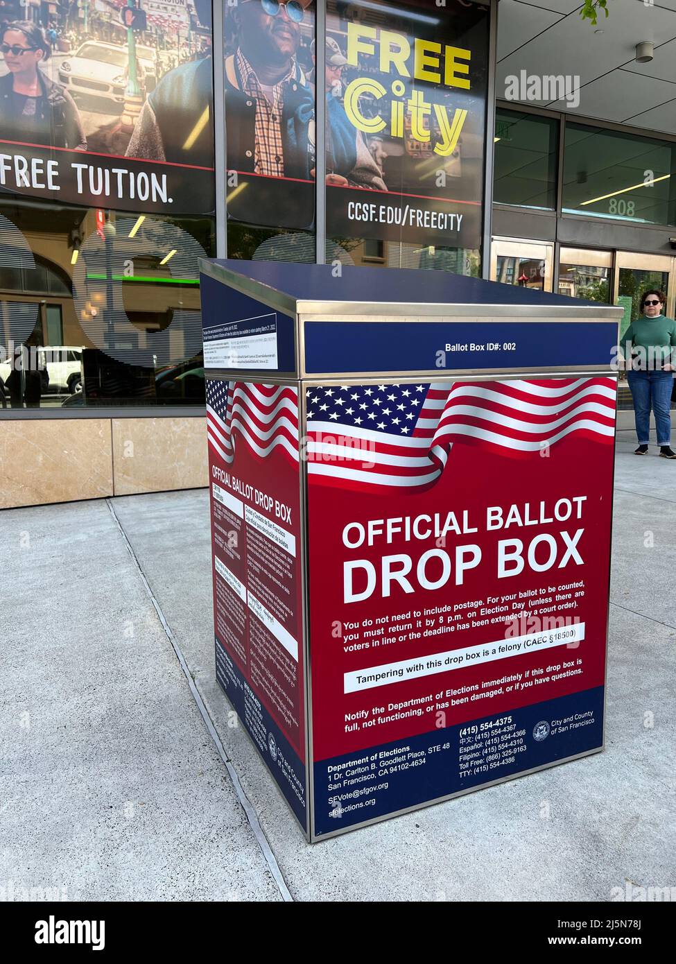 An official ballot drop box is seen in front of 808 Kearny Street and