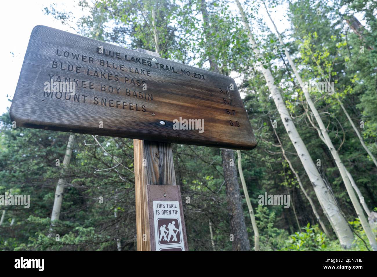 Sign for various trails in the Blue Lakes area, for Mount Sneffels, Yankee Boy Basin and Blue Lakes Pass in Colorado Stock Photo