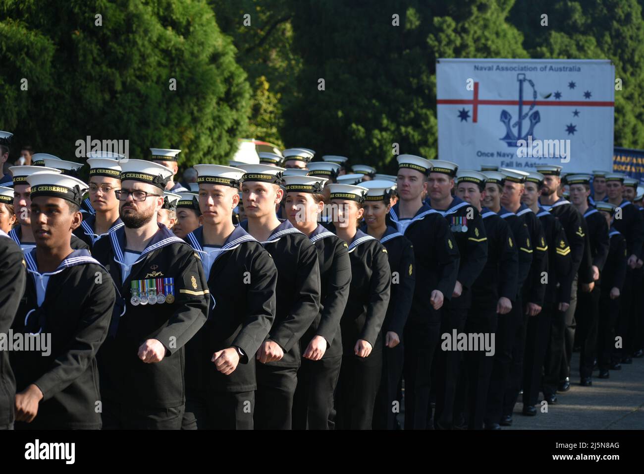 Melbourne, Australia. 25th April 2022. Members of the Naval Base HMAS Cerberus march towards the Shrine of Remembrance for the Anzac Day parade. Credit: Jay Kogler/Alamy Live News Stock Photo