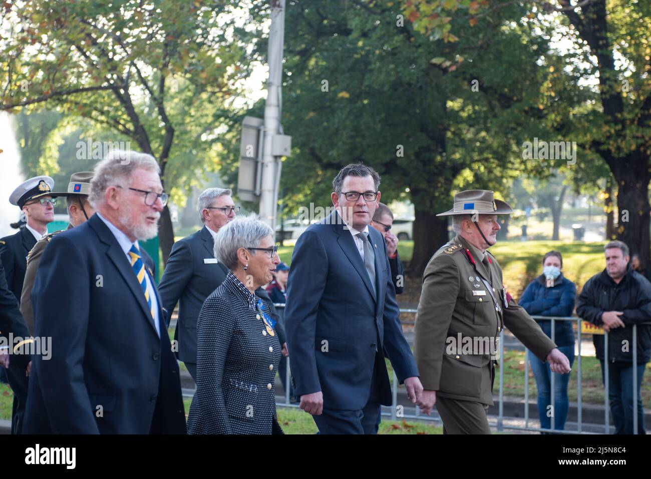 Melbourne, Australia. 25th April 2022.. Victorian Premier Daniel Andrews marches with the Governor of Victoria Linda Dessau as part of the Anzac Day Parade. Credit: Jay Kogler/Alamy Live News Stock Photo