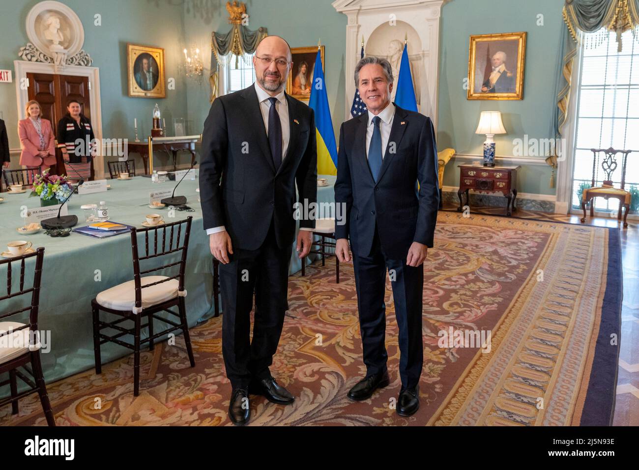 Secretary of State Antony J. Blinken meets with Ukrainian Prime Minister Denys Shmyhal at the U.S. Department of State in Washington, D.C., on April 22, 2022. [State Department photo by Ron Przysucha) Stock Photo