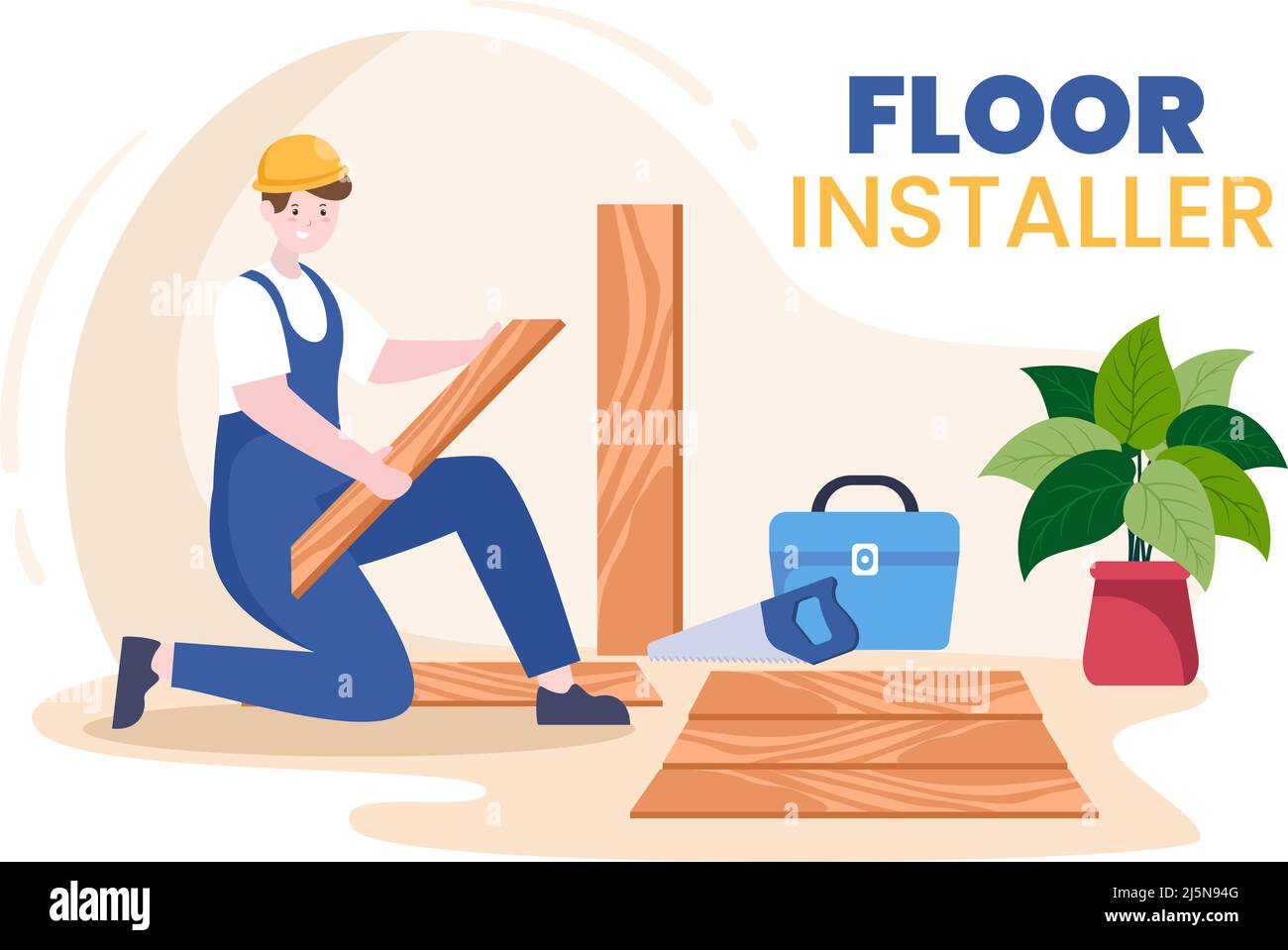Floor Installation Cartoon Illustration with Repairman, Laying Professional Parquet, Wood or tile Floors in House Flooring Renovation Design Stock Vector