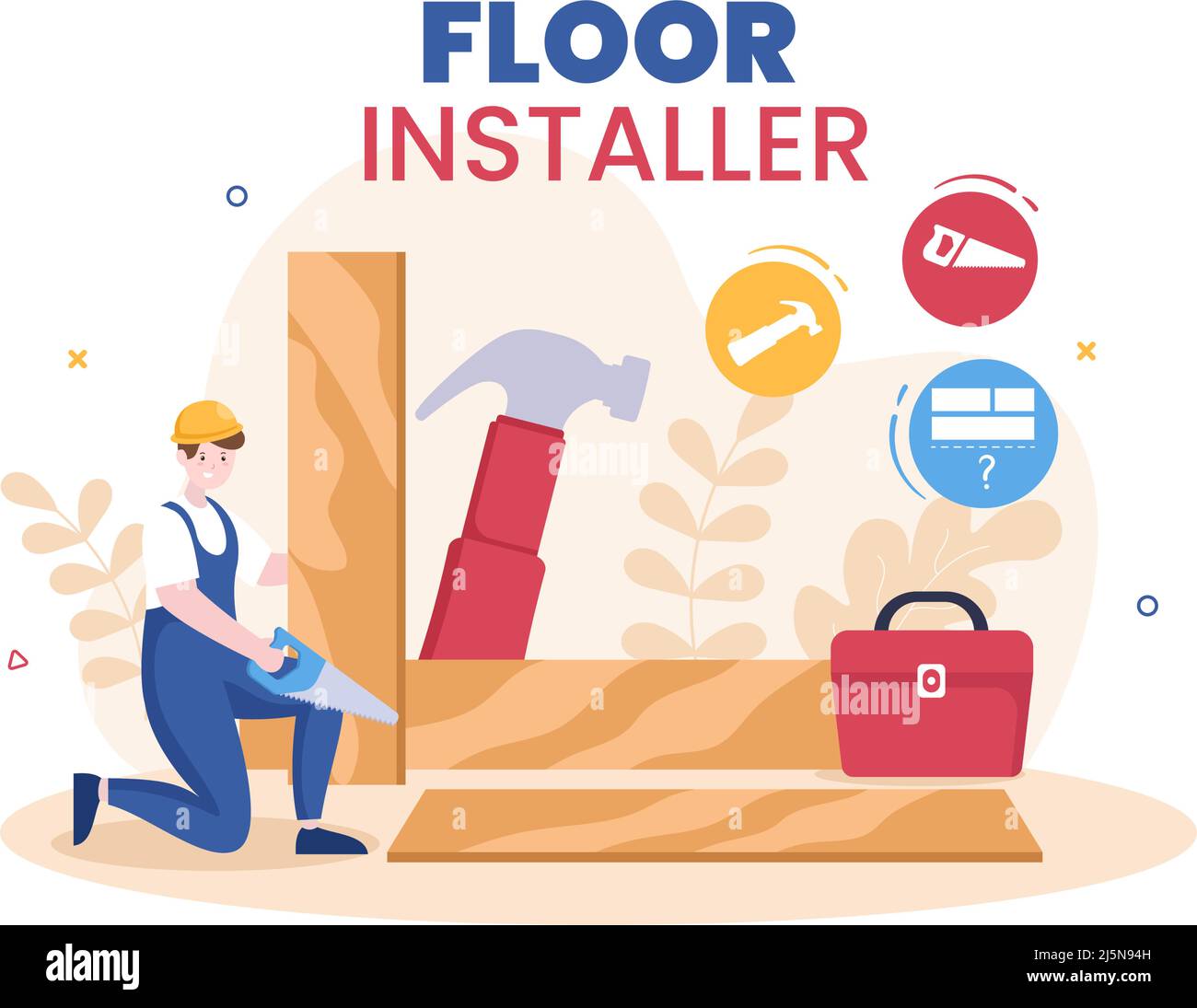 Floor Installation Cartoon Illustration with Repairman, Laying Professional Parquet, Wood or tile Floors in House Flooring Renovation Design Stock Vector