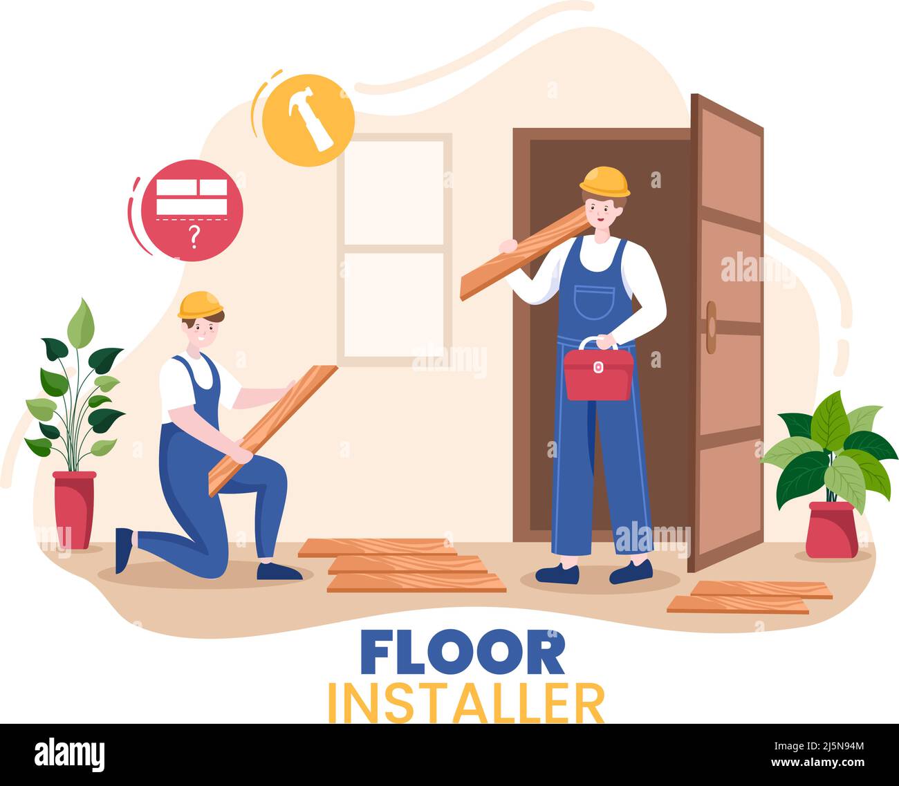 Floor Installation Cartoon Illustration with Repairman, Laying Professional Parquet, Wood or tile Floors in House Flooring Renovation Design Stock Vector