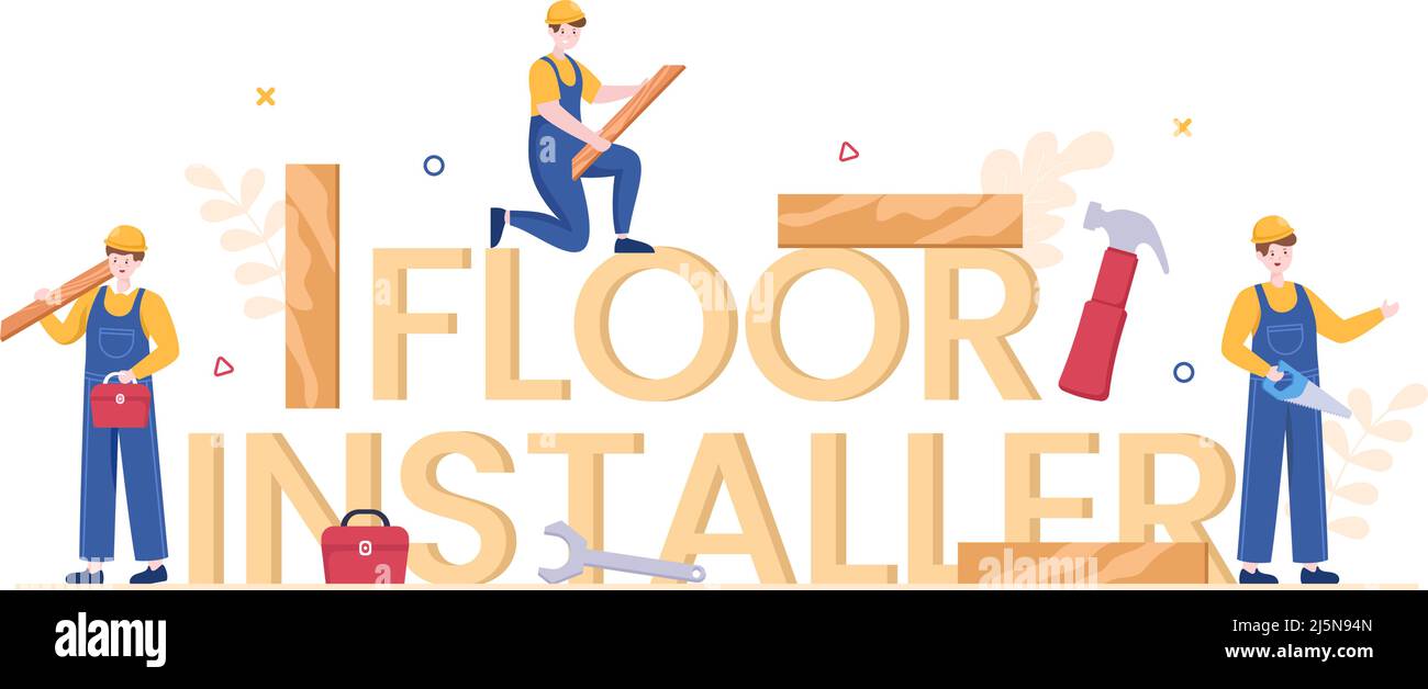 Floor Installation Cartoon Illustration with Repairman, Laying Professional Parquet, Wood or tile Floors in House Flooring Renovation Design Stock Vector