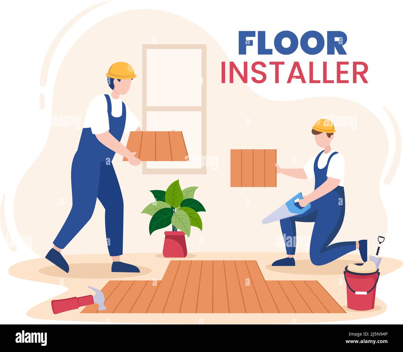 Floor Installation Cartoon Illustration with Repairman, Laying Professional Parquet, Wood or tile Floors in House Flooring Renovation Design Stock Vector