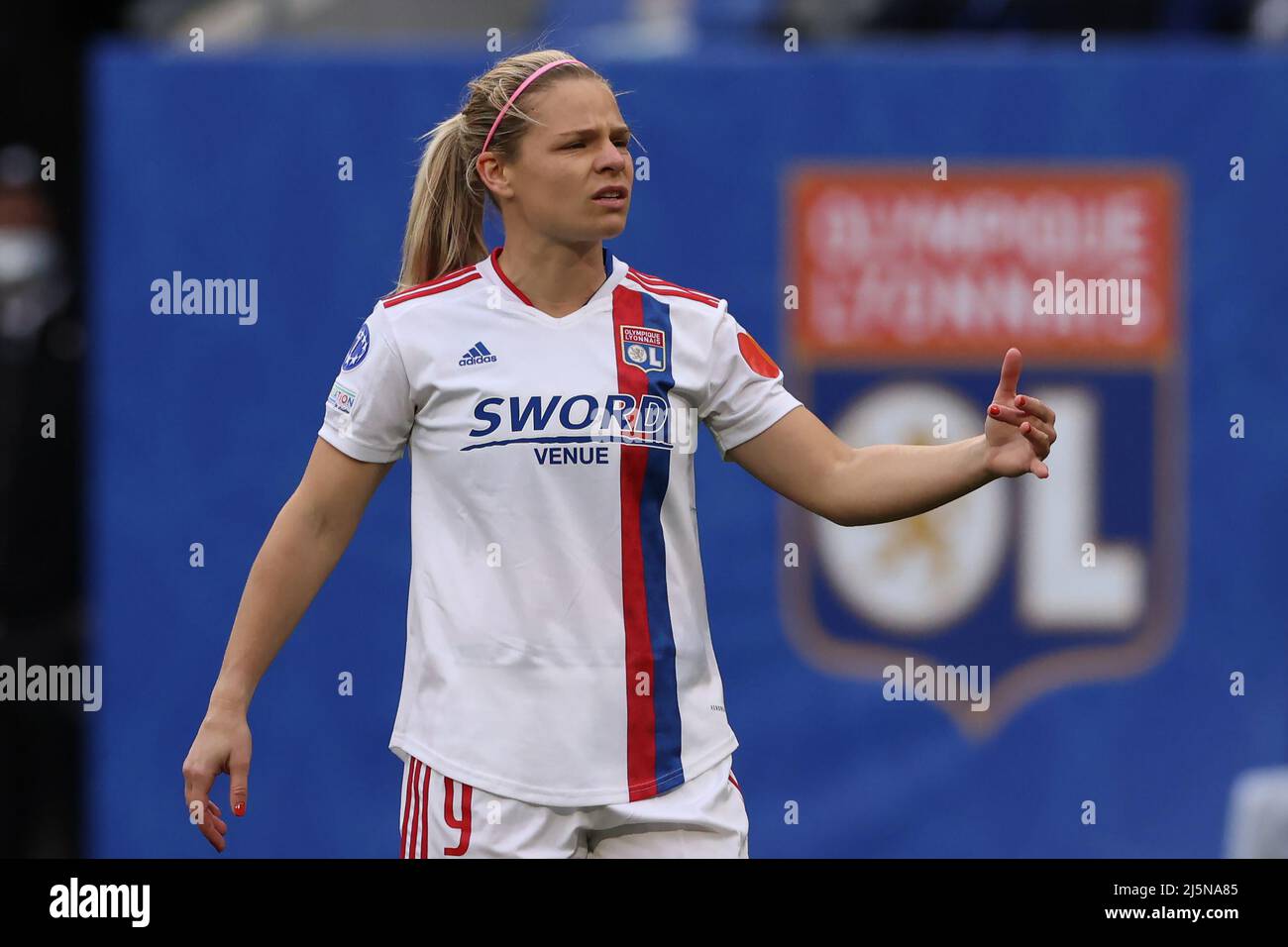 Lyon, France, 24th April 2022. Eugenie Le Sommer of Lyon reacts during the UEFA Womens Champions League match at OL Stadium, Lyon. Picture credit should read: Jonathan Moscrop / Sportimage Credit: Sportimage/Alamy Live News Stock Photo