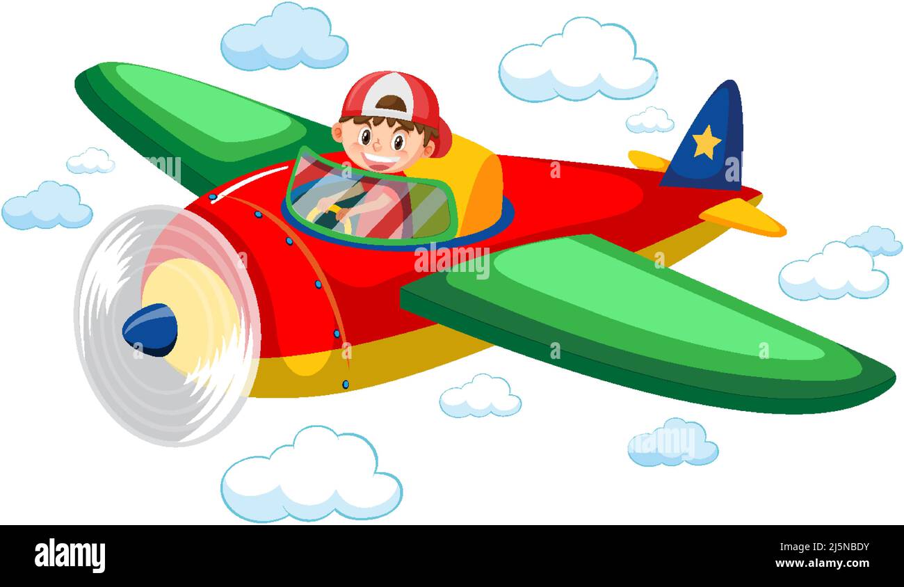Boy flying cute airplane in the sky illustration Stock Vector Image ...