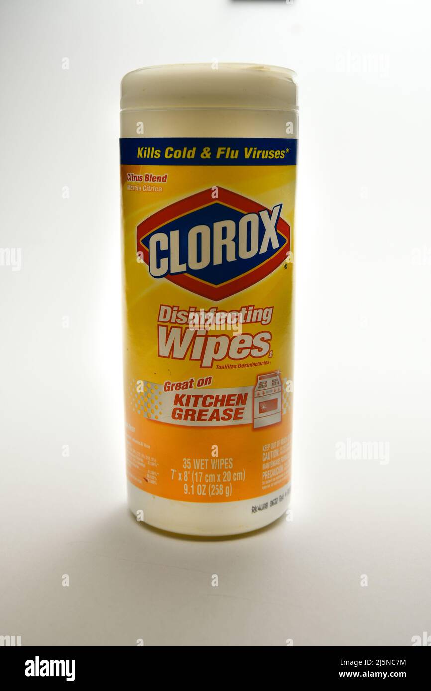 Clorox branded disinfectant wipes towels for cleaning surfaces of contaminants. Commonly used as virus disinfectant. Isolated on white background Stock Photo