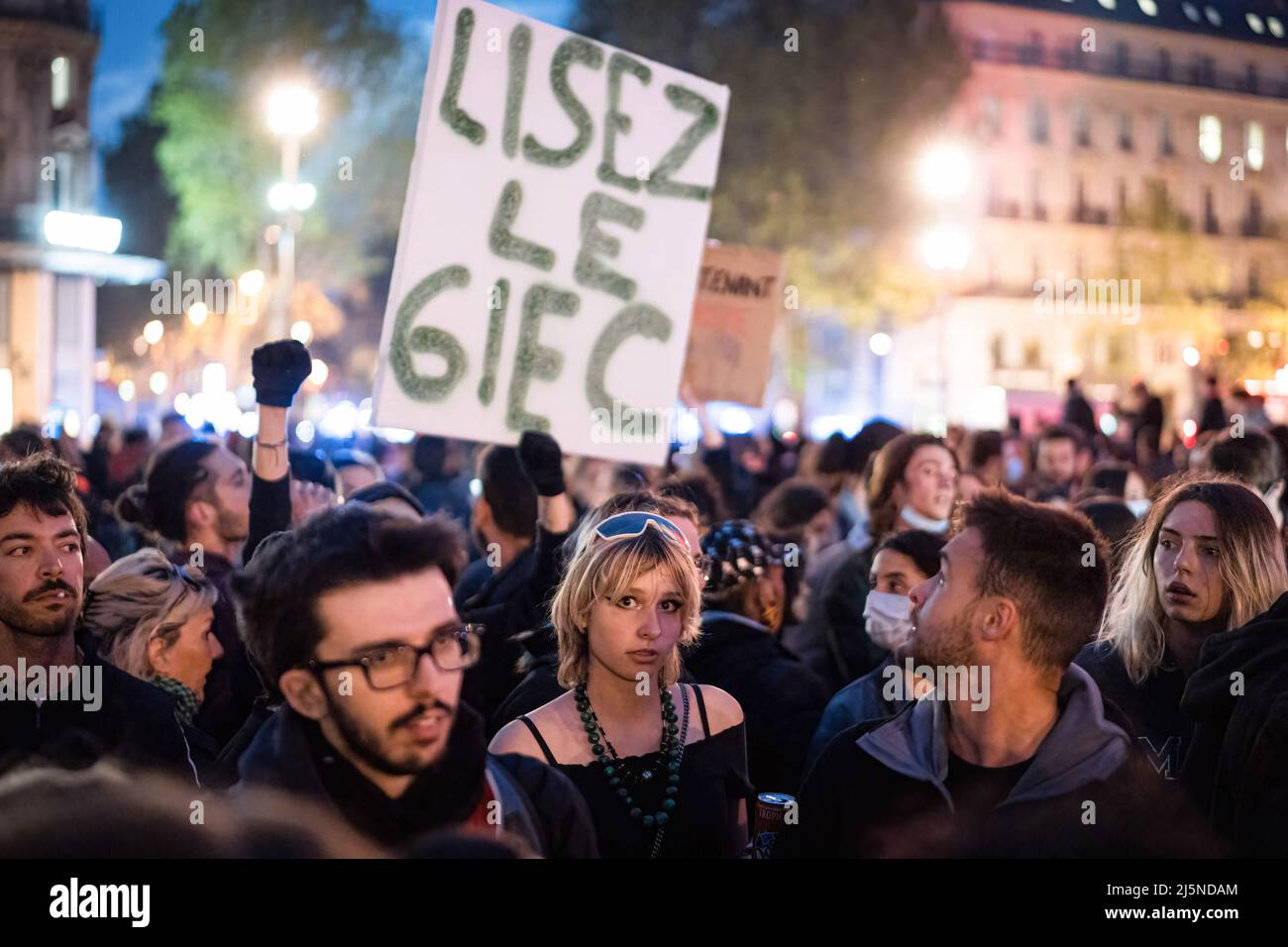 Paris, France. 24th Apr, 2022. A protester holds a sign during the ...