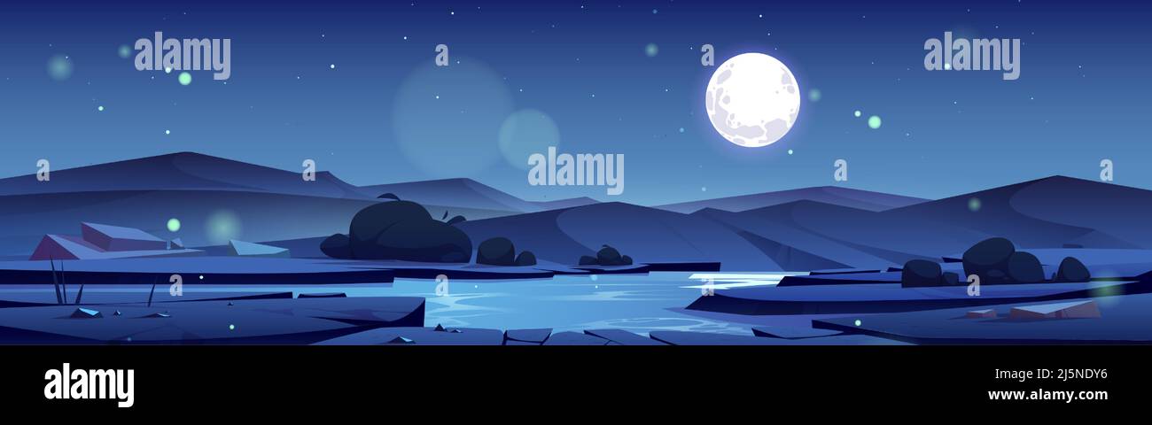 Summer valley with river and mountains on horizon at night. Vector cartoon illustration of nature landscape with water stream, bushes, rocks, and full moon in sky Stock Vector