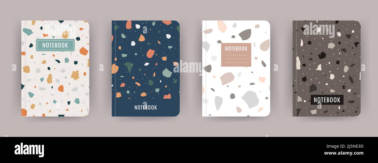 Cover page notebook collection. Templates with venetian terrazzo texture. Perfect for diary, books, magazines, journals, catalogs, planners and flyers Stock Vector