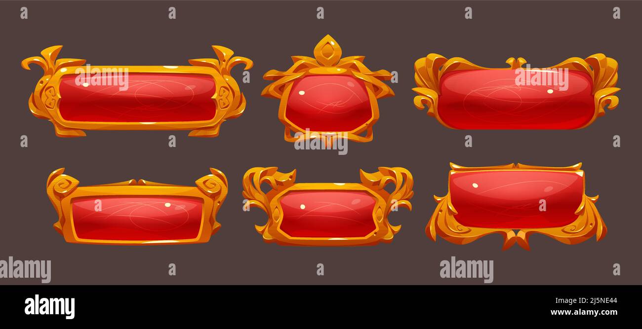 Game buttons with fantasy gold frames. Vector cartoon set of empty old ...