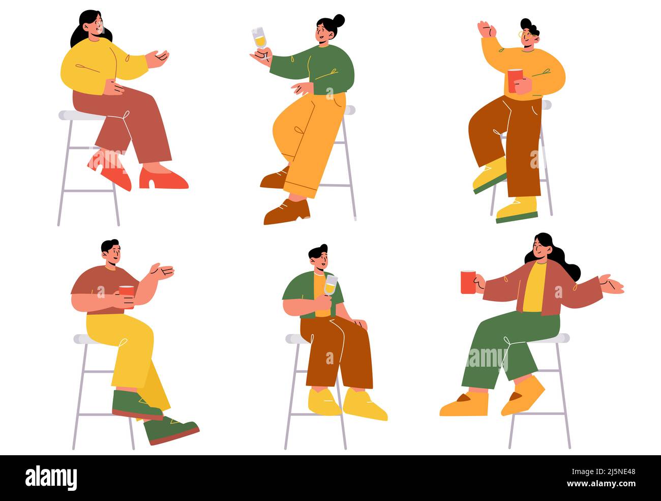 People drinking wine, dating, celebrate party. Isolated male and female characters holding wineglasses sit on high chairs in bar communicate, drink alcohol Linear cartoon flat vector illustration, set Stock Vector