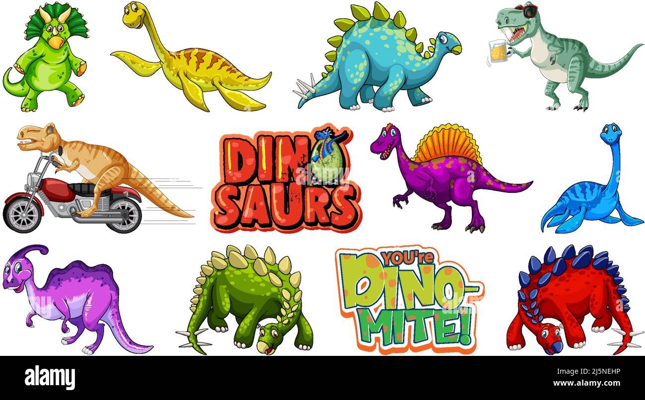 Many dinosaurs on white background illustration Stock Vector