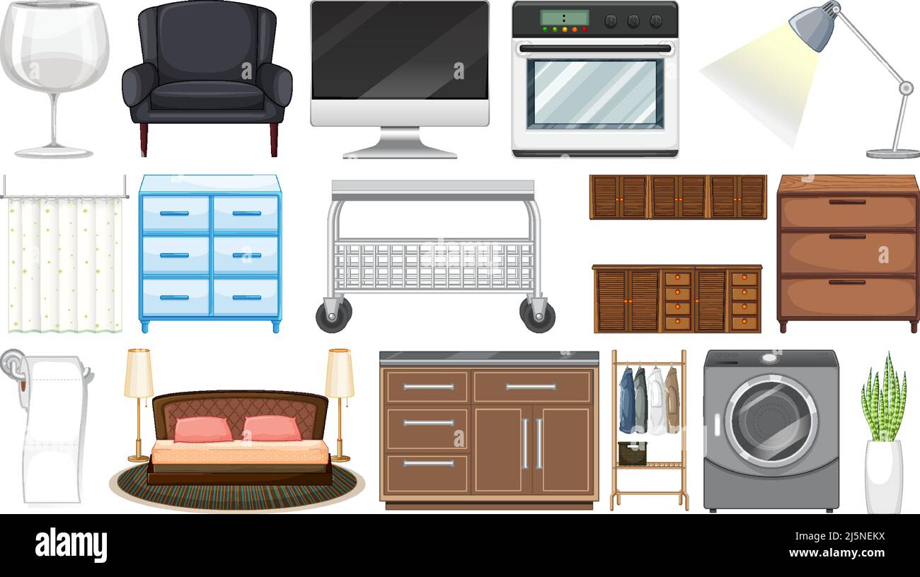 Furniture and household appliances on white background illustration