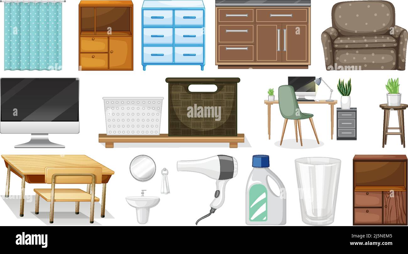 Furniture and household appliances on white background illustration