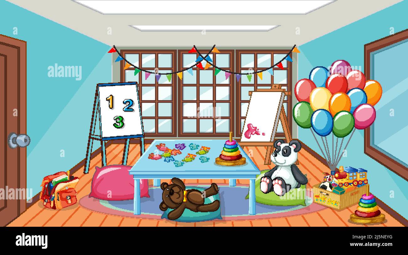 Empty kindergarten classroom interior with many kid toys illustration