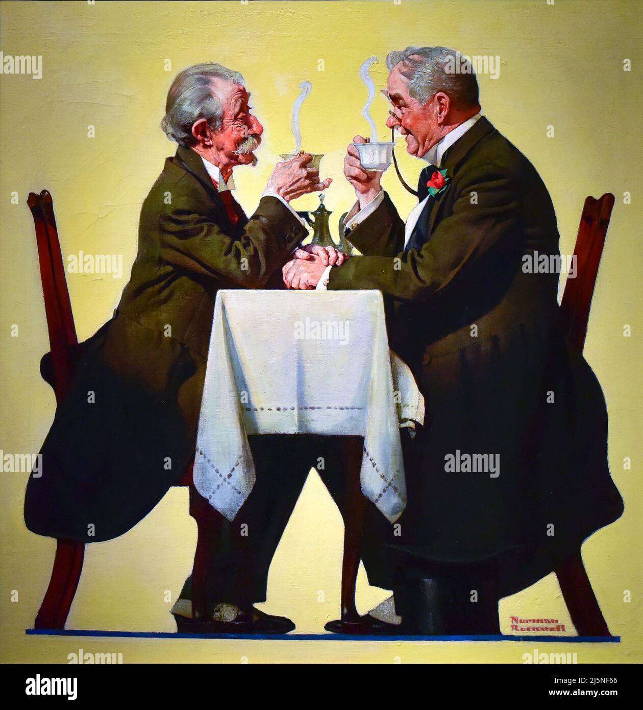Norman Rockwell, 1930, Two Men Sharing a Pot of Coffee Stock Photo