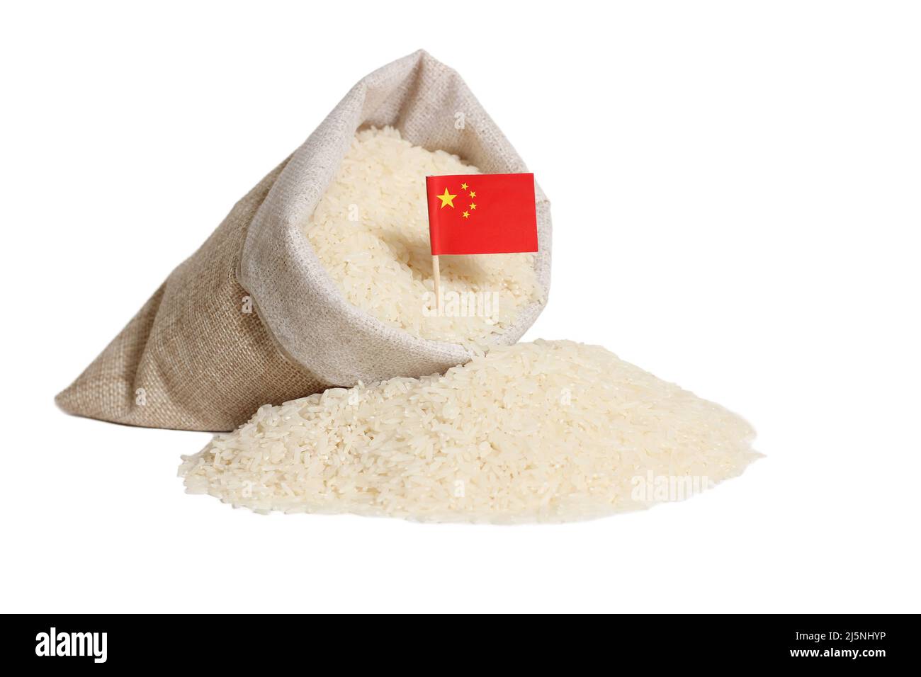 Burlap Bag of White Rice and Chinese Flag Isolated on White Background Stock Photo