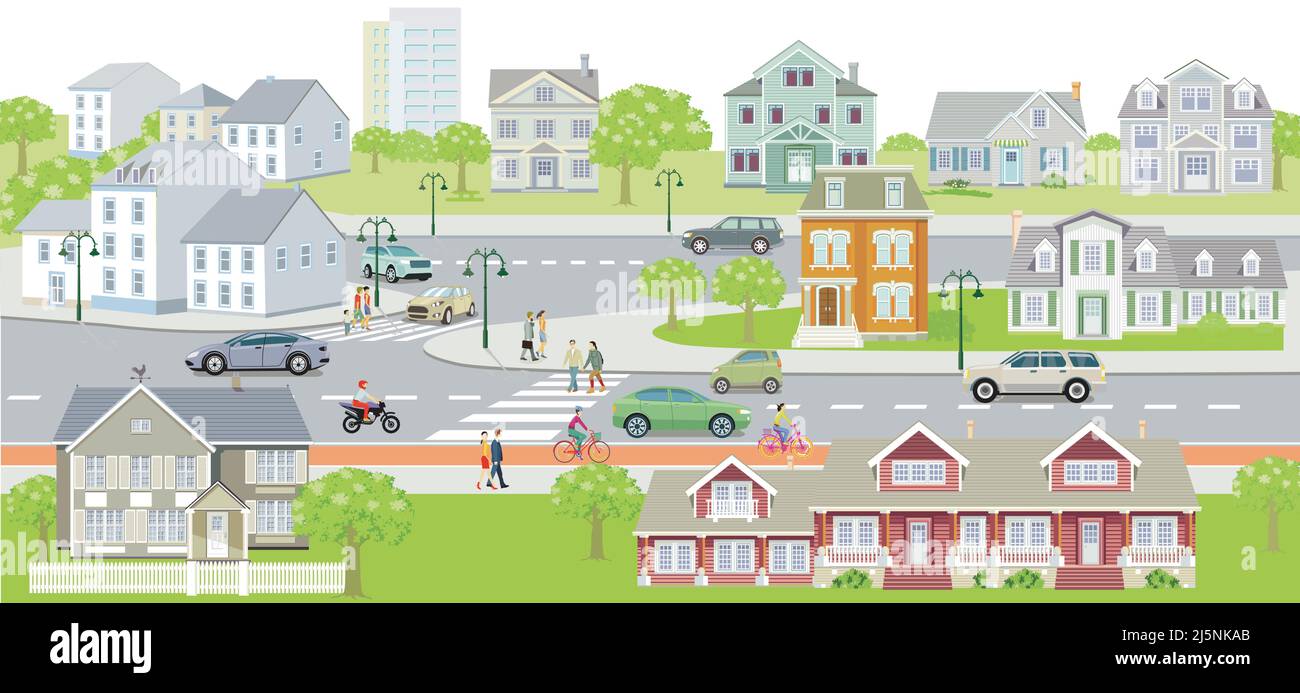 Suburb with houses and traffic, pedestrians on the crosswalk, illustration Stock Vector