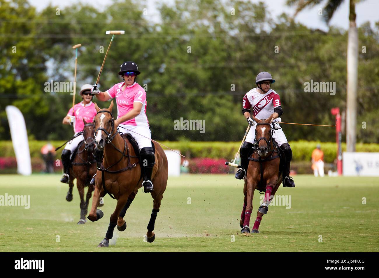 Wellington, United States. 24th Apr, 2022. 2 Gero Obregon (C) from La Elina, and 3 Matias Torres Zavaleta (R) from Pilot Polo seen in acton during U.S. Open Polo Championship 2022, Final at The International Polo Club Palm Beach, Florida. Final Score: 11-6. Winner: Pilot Polo. Credit: SOPA Images Limited/Alamy Live News Stock Photo