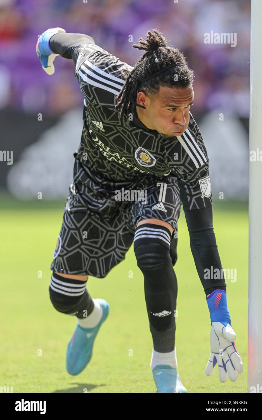 Orlando, FL:  Orlando City goalkeeper Pedro Gallese (1) knocks the ball away during an MLS game against the New York Red Bulls, Sunday, April 24, 2022 Stock Photo