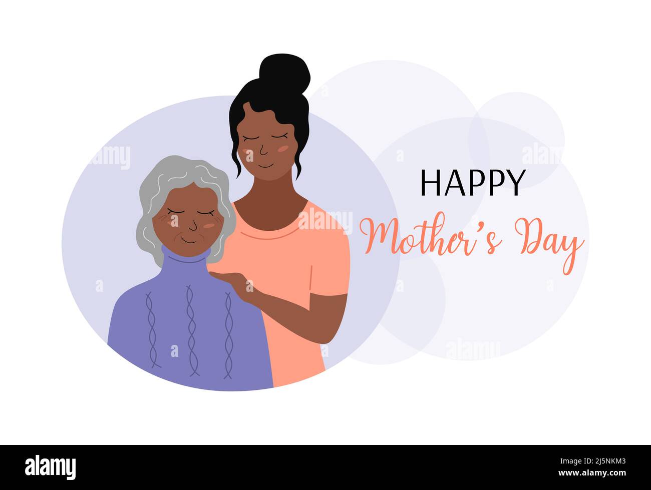 Happy Mothers Day greeting card. Elderly african american woman and adult daughter together. Smiling female family. Vector flat illustration. Mothers Stock Vector