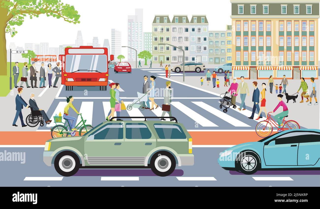 Road traffic with pedestrians, cyclists and road traffic, Lines bus, and public transport, illustration Stock Vector
