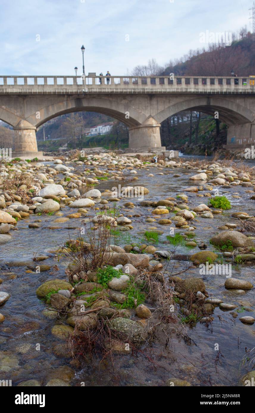 Navaconcejo old bridge, Puente Viejo on winter. Caceres, Extremadura, Spain Stock Photo