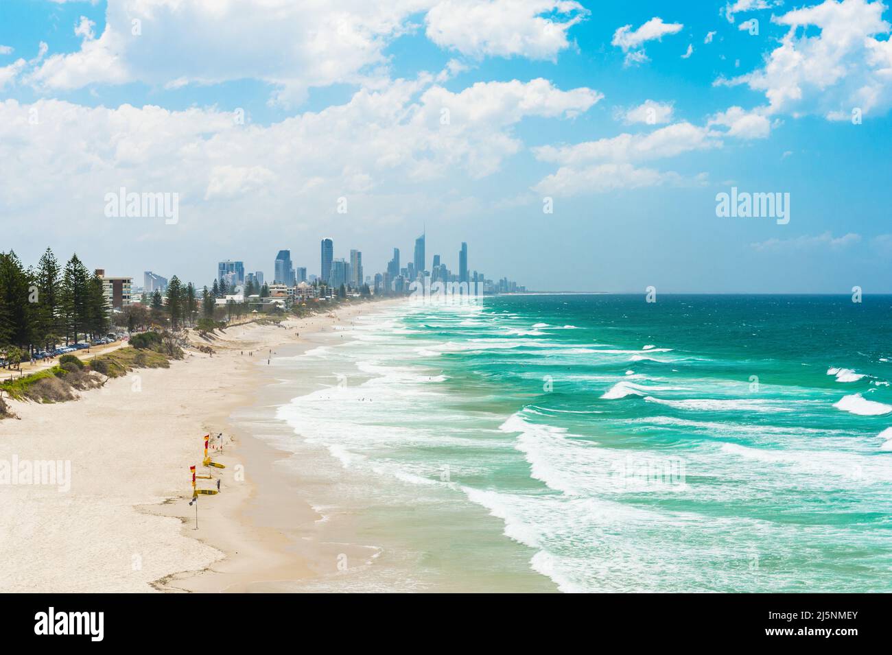 Gold Coast with a Surfers Paradise beach full of tourists seen from above. Queensland, Australia. Stock Photo