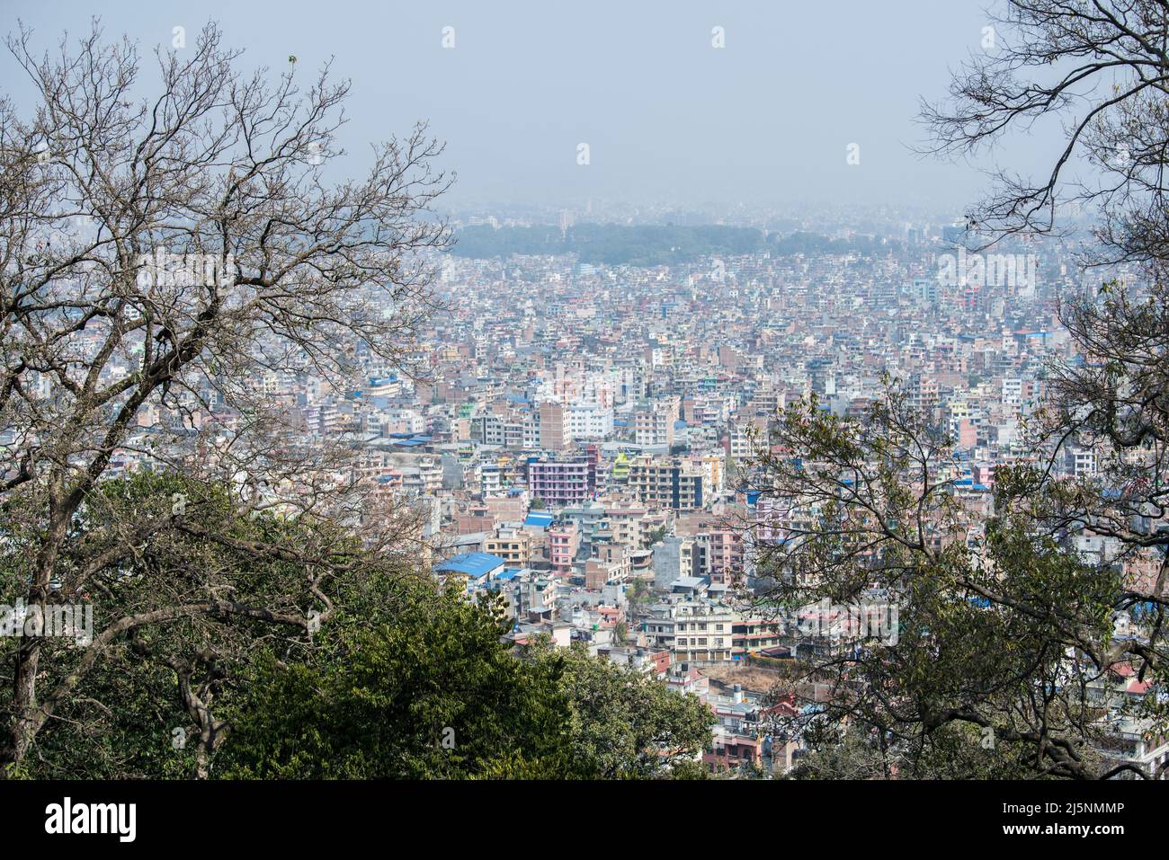 Kathmandu, Nepal April 20,2022 Panoramic top view of Katmandu city from Swayambhunath stupa