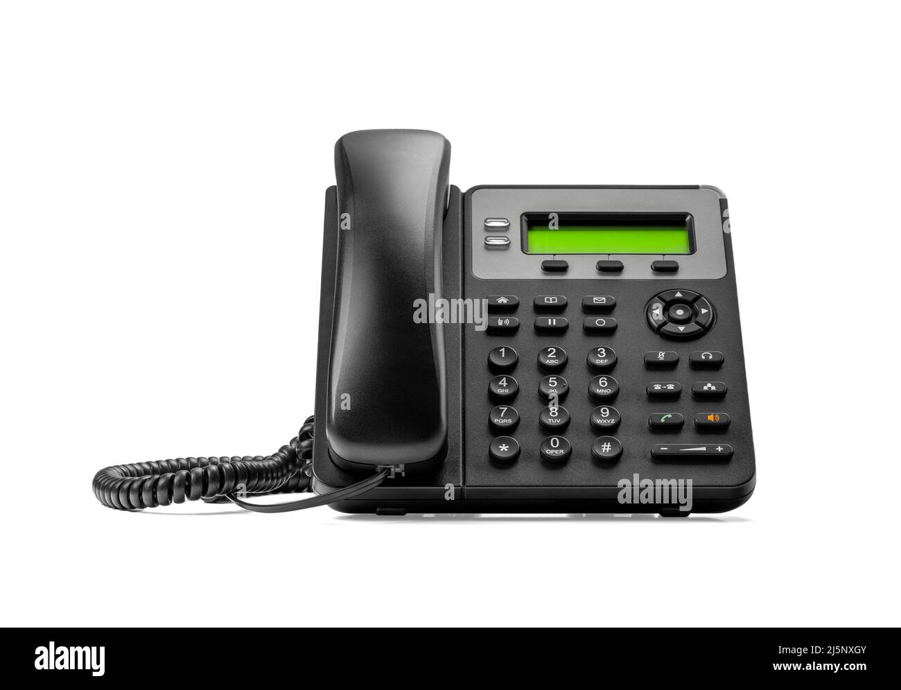 Telephone with VOIP isolated on white background. Office landlane telephone device. customer service support, call center concept. Modern Phone VoIP. Stock Photo