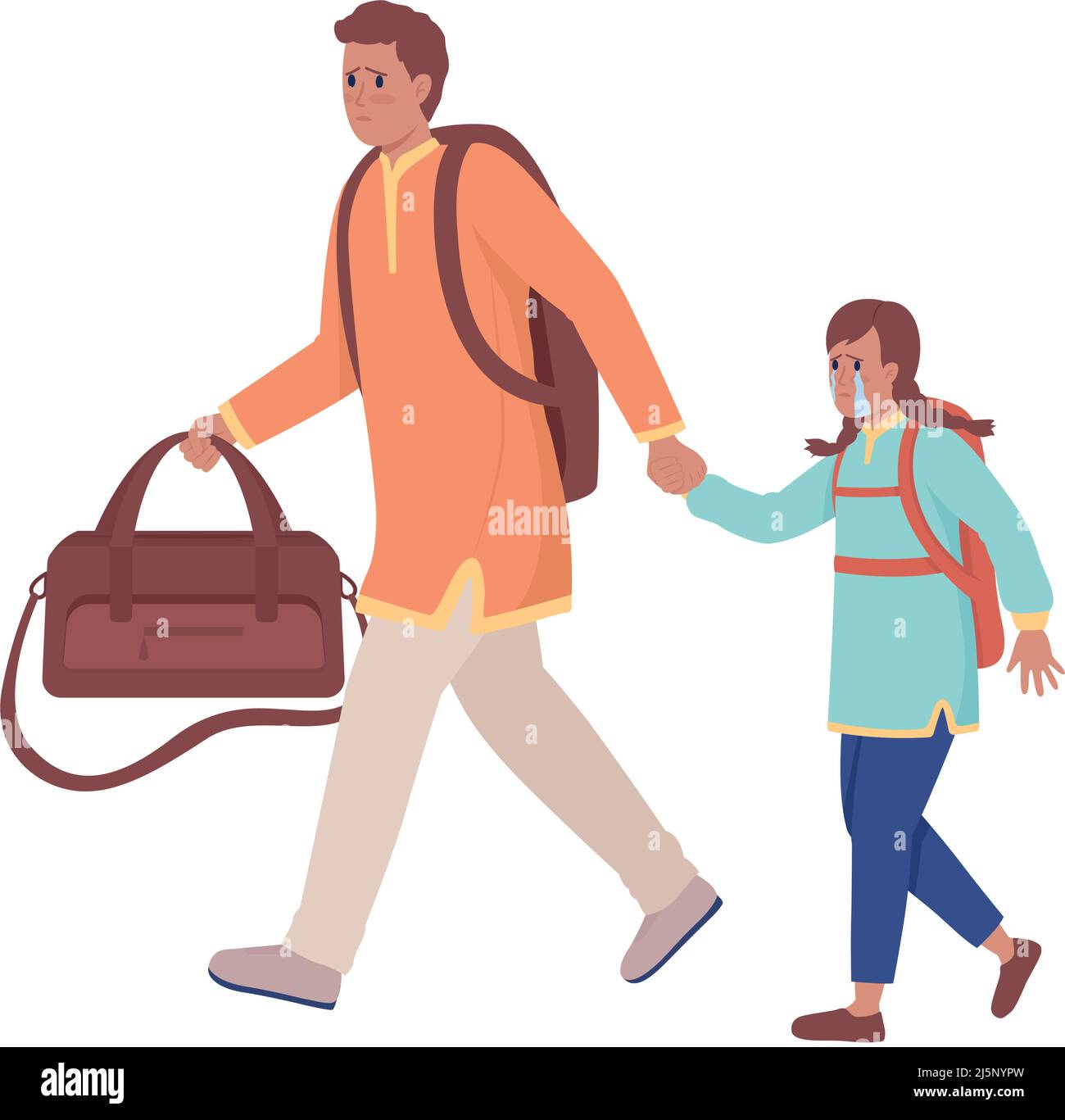 Father with girl running away from bombing semi flat color vector characters Stock Vector