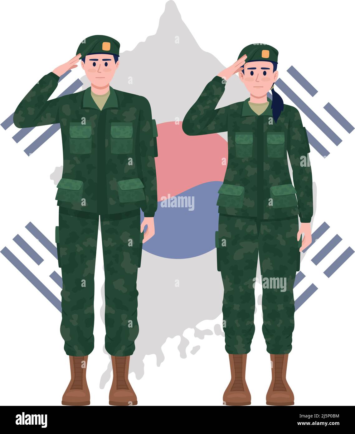 Korean soldiers and map 2D vector isolated illustration Stock Vector