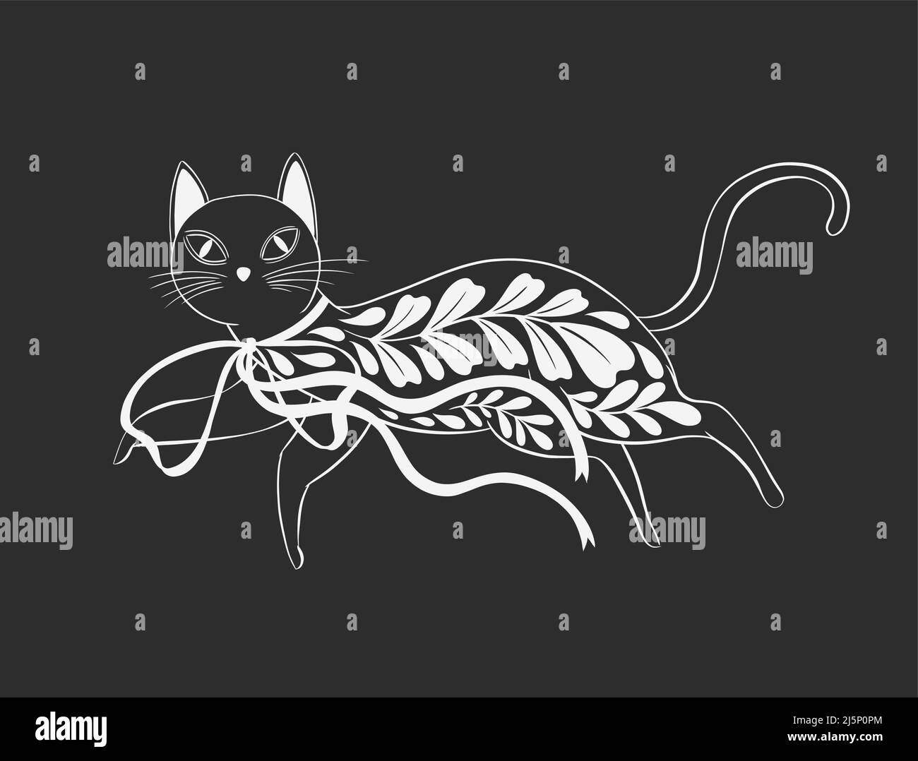 Mystic aesthetic cat witch mage composition print. Hand draw black color.Esoteric sign alchemy. Stock Vector